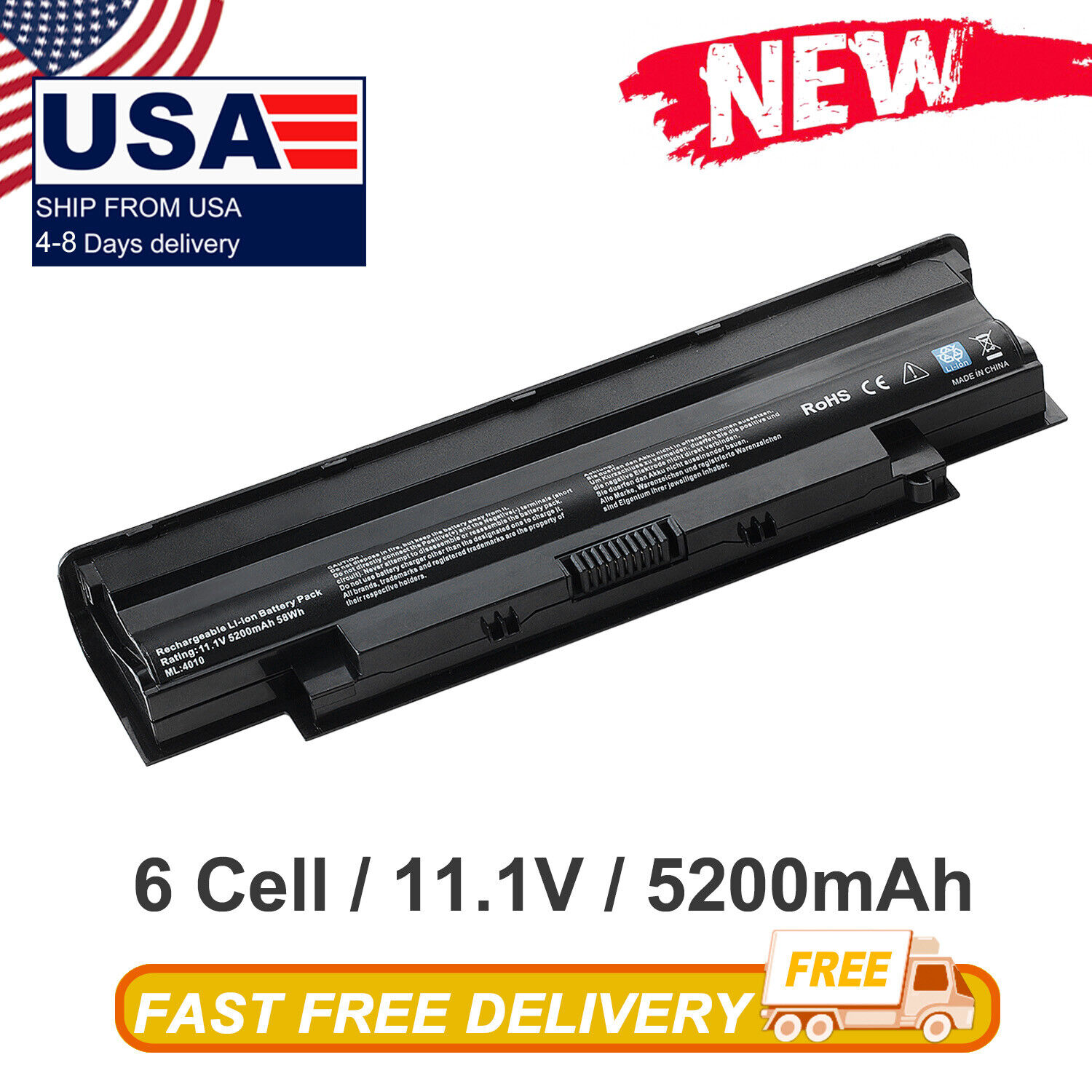 Tanch Batteria Per Dell Inspiron J1KND 04YRJH | 11.1V 5200mAh | Compatibile 13R 14R 15R 17R