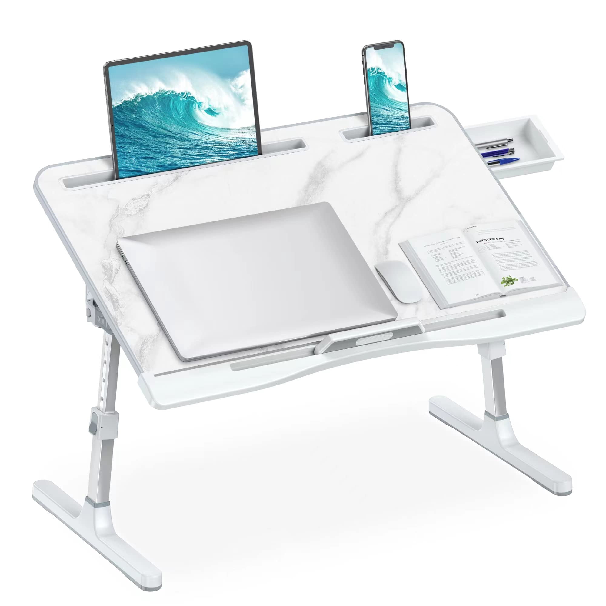Laptop Bed Desk  Adjustable Lap With Drawer X-large Foldable Table Tray For Couch Floor Writing Working Reading Eating Painting (marble 23.6"*15.7")
