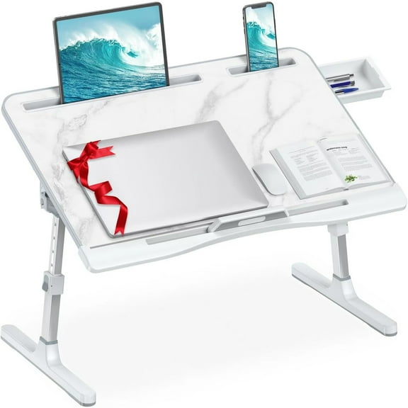 Laptop Bed Desk, Adjustable Laptop Lap Desk with Drawer, X-Large Foldable Bed Table Tray for Bed Couch Floor Desk Writing Working Reading Eating Painting (Marble, 23.6"15.7")