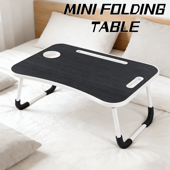 Laptop Bed Desk Foldable (Black) - Portable Lap Table with Cup Holder, Tablet Slot & Handle for Home Use