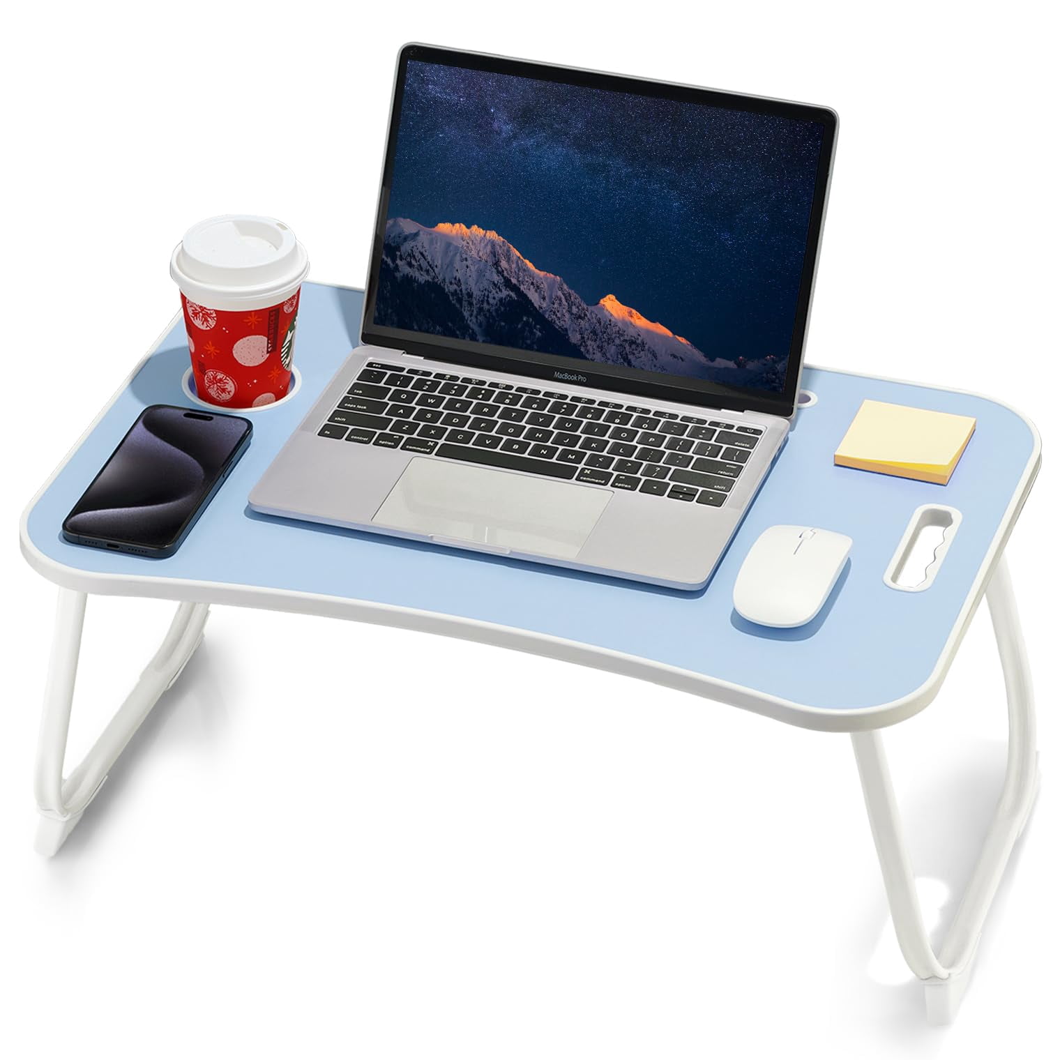Laptop Bed Desk  Foldable Lap Portable Table Stand With Cup Holder & Tablet Slot Lifting Handle For Working Writing Drawing Eating - Blue