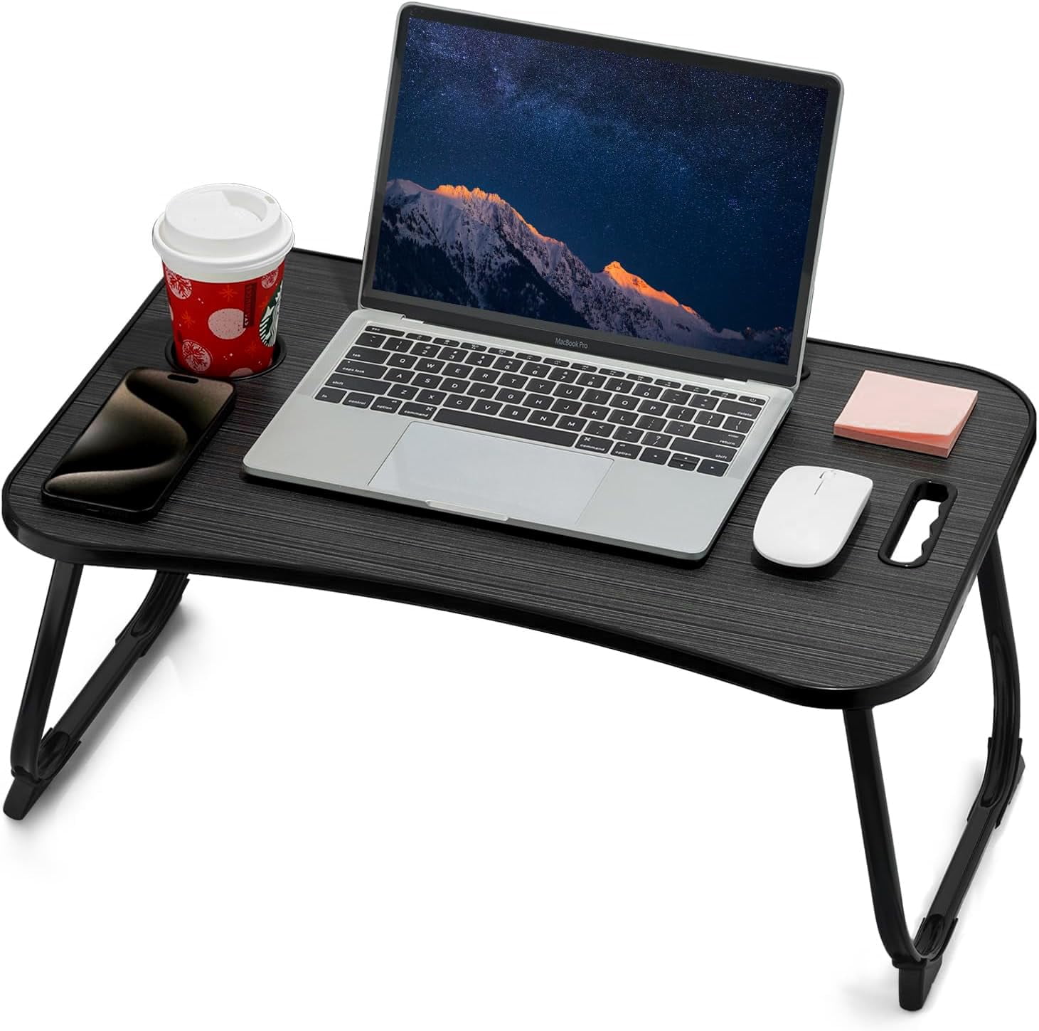 Laptop Bed Desk  Foldable Lap Portable Table Stand With Cup Holder & Tablet Slot Lifting Handle For Working Writing Drawing Eating - Dark Black