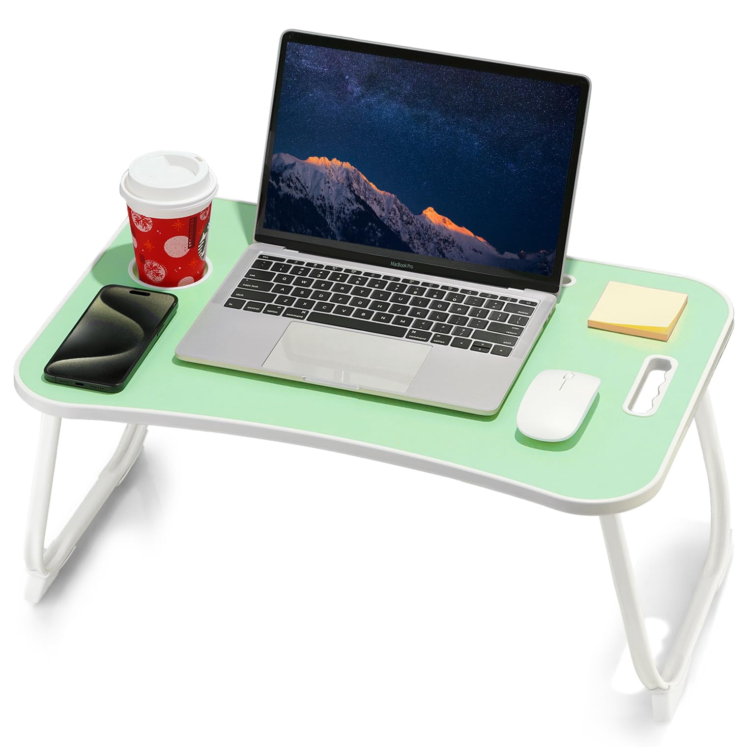 Laptop Bed Desk  Foldable Lap Portable Table Stand With Cup Holder & Tablet Slot Lifting Handle For Working Writing Drawing Eating - Green