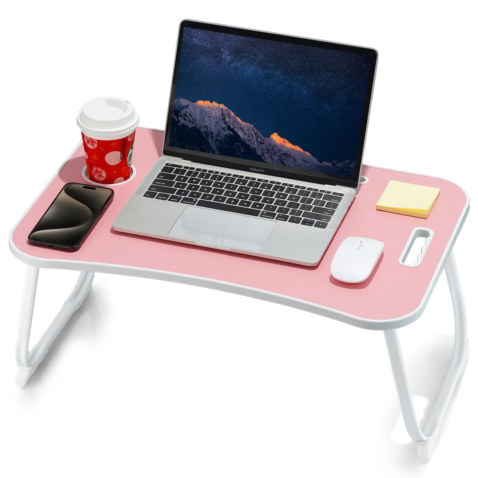 Laptop Bed Desk  Foldable Lap Portable Table Stand With Cup Holder & Tablet Slot Lifting Handle For Working Writing Drawing Eating - Pink