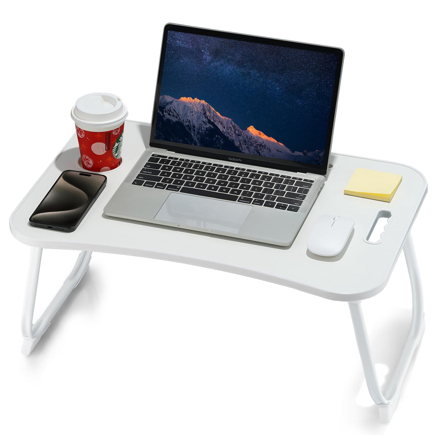 Laptop Bed Desk  Foldable Lap Portable Table Stand With Cup Holder & Tablet Slot Lifting Handle For Working Writing Drawing Eating - White