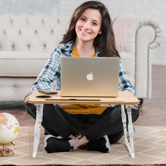 Laptop Bed Desk Height Adjustable, Bed Laptop Table with USB/Storage Drawer/Cup Holder/Tablet Stand/Book Shelf, Foldable Breakfast Tray Portable for Reading Writing, Bed, Sofa & Floor, Wood