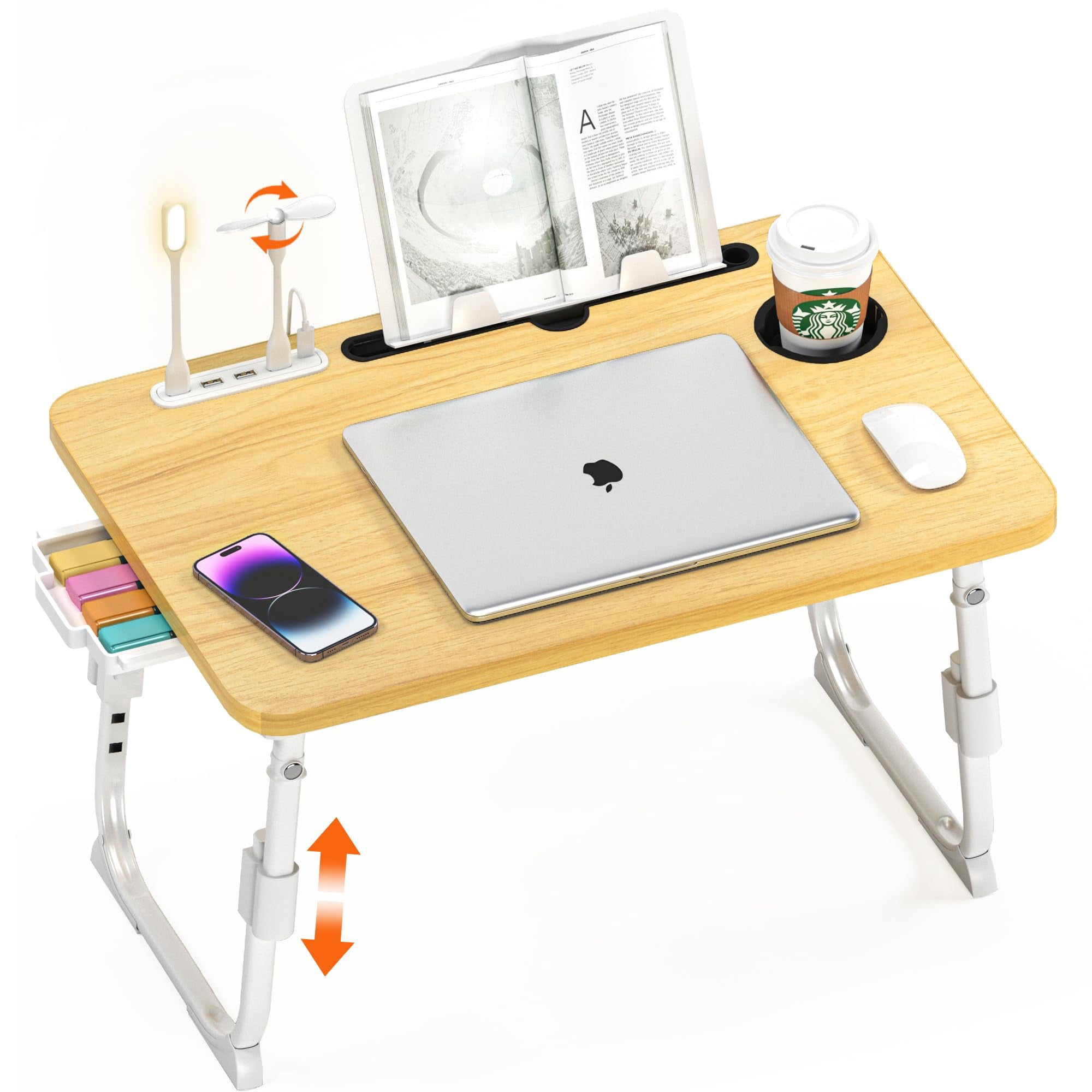 Laptop Bed Desk Height Adjustable  Table With Usb/storage Drawer/cup Holder/tablet Stand/book Shelf Foldable Breakfast Tray Portable For Reading Writing Sofa & Floor Wood