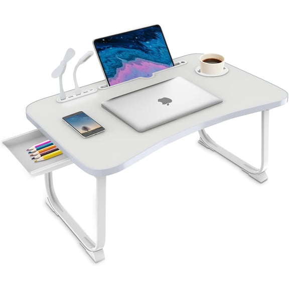 Laptop Bed Desk, Portable Foldable Lap Bed Table with USB Charge Port Storage Drawer and Cup Holder,Lap Desk Laptop Stand Tray Table Serving Tray for Eating, Reading and Working