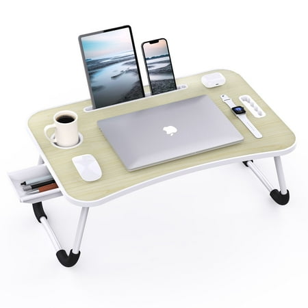 Laptop Bed Desk Tray Bed Table, Foldable Portable Lap Desk Notebook Stand Reading Holder with Storage Drawer and Cup Holder for Eating Breakfast on Bed/Couch/Sofa-White Oak