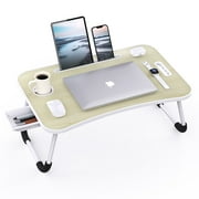 Laptop Bed Desk Tray Bed Table, Foldable Portable Lap Desk Notebook Stand Reading Holder with Storage Drawer and Cup Holder for Eating Breakfast on Bed/Couch/Sofa-White Oak