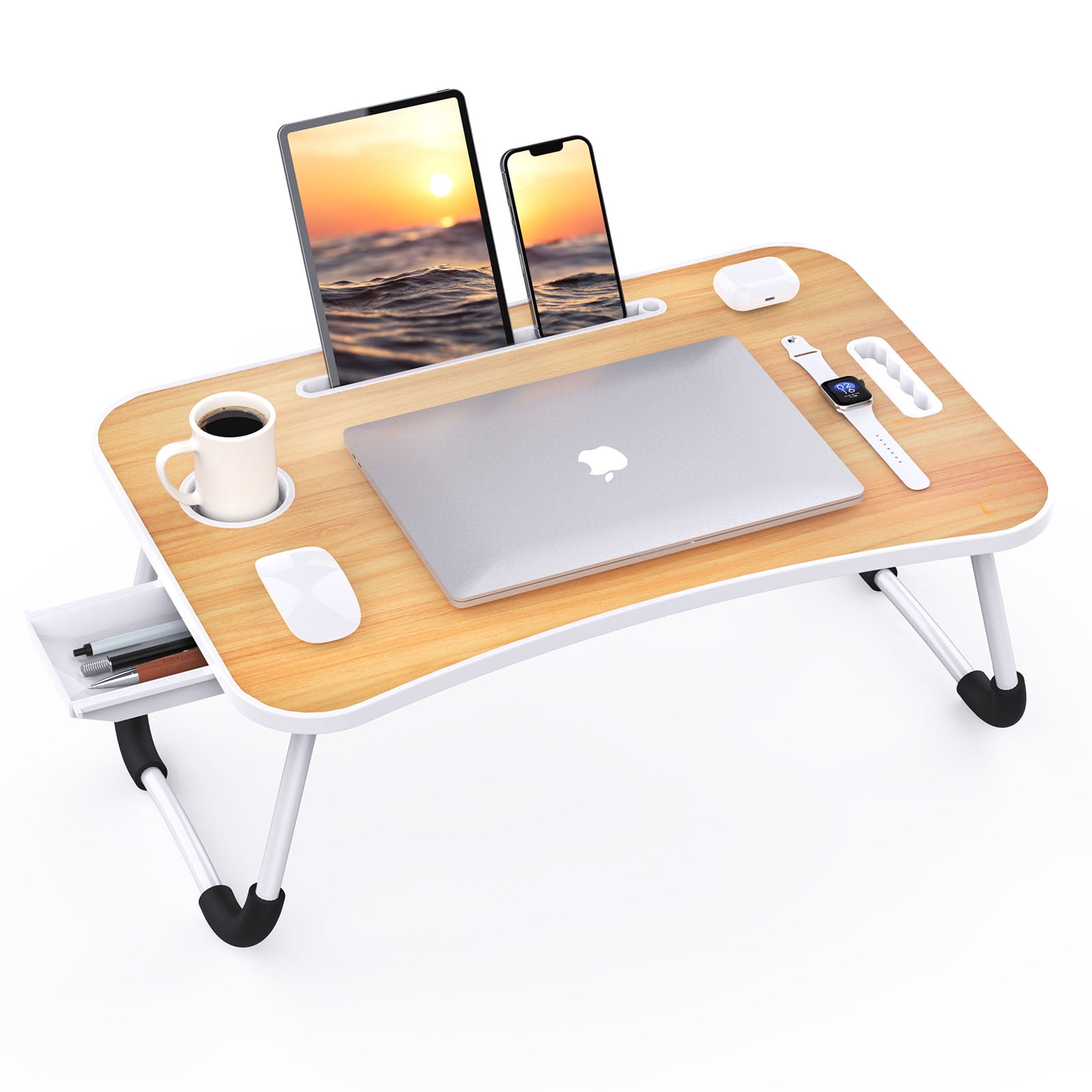 Laptop Bed Desk Tray Bed Table, Foldable Portable Lap Desk Notebook Stand Reading Holder with Storage Drawer and Cup Holder for Eating Breakfast on Bed/Couch/Sofa
