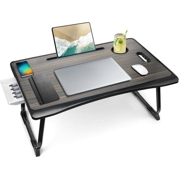 Laptop Bed Desk Tray Bed Table, Foldable Portable Lap Desk with Storage Drawer and Cup Holder for Eating Breakfast Bed/Couch/Sofa-Black