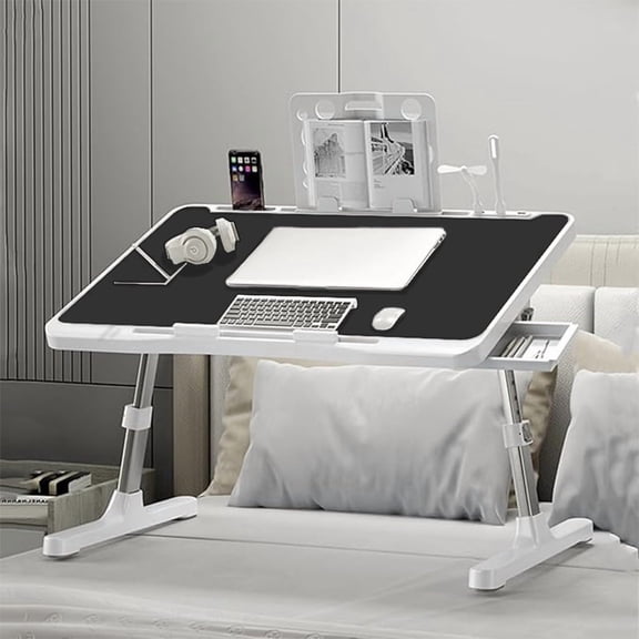 Laptop Bed Desk, X-Large Leather Adjustable Computer Bed Table Tray, Foldable Laptop Lap Desk for Bed Sofa Couch Floor Writing Eating Working with Drawer 2 Movable Stoppers