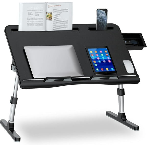 Laptop Bed Desk, X-Large Leather Adjustable Computer Bed Table Tray, Foldable Laptop Lap Desk for Bed Sofa Couch Floor Writing Eating Working with Drawer 2 Movable Stoppers (23.6 inch, Black)