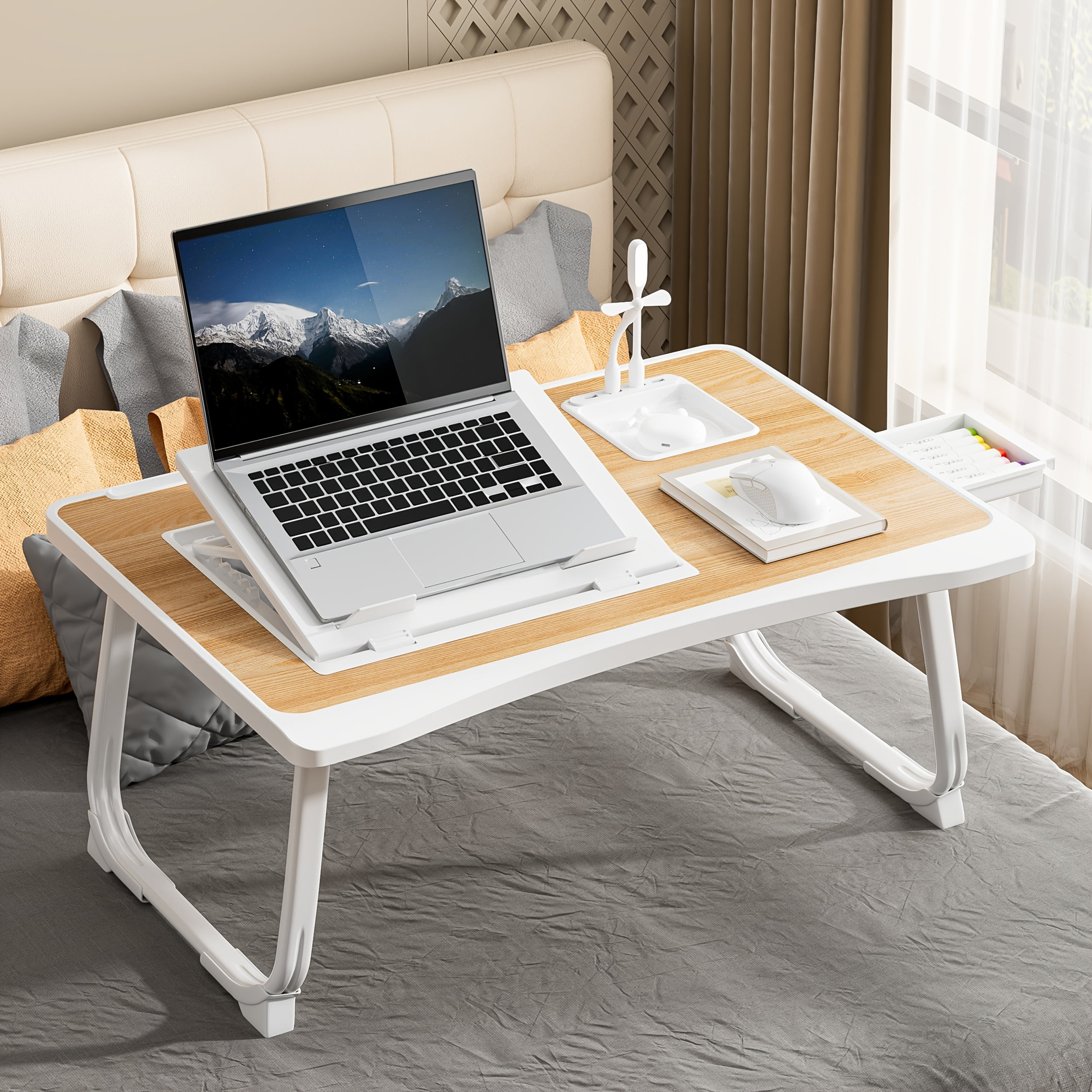 Laptop Bed Table, Foldable Tray Desk with Cup Holder & Tablet Slot ...