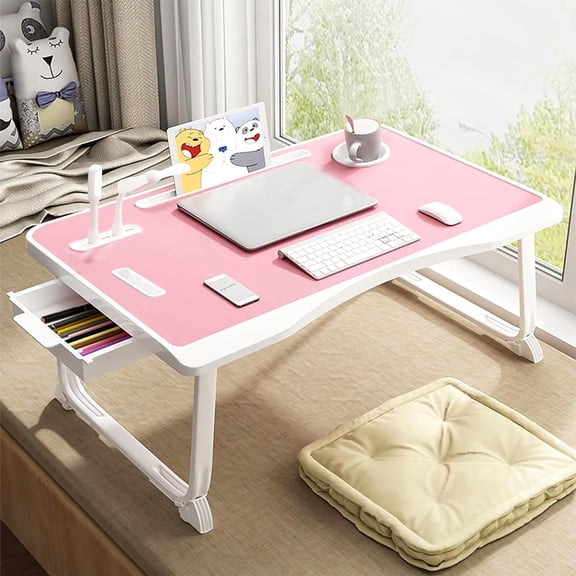 Laptop Bed Table, Laptop Desk for Bed, Foldable Laptop Bed Desk with USB Charging Port, Handle, Card Holder, Cup Holder, Side Drawer, Portable Laptop Table for Eating, Reading, Working (Pink)