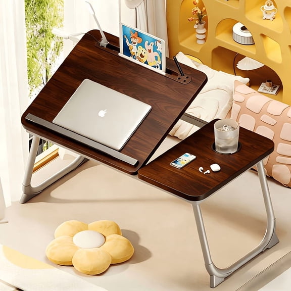 Laptop Bed Table with Foldable Legs, Cup Holder and Tablet Slot, Sofa Floor Tray, Black