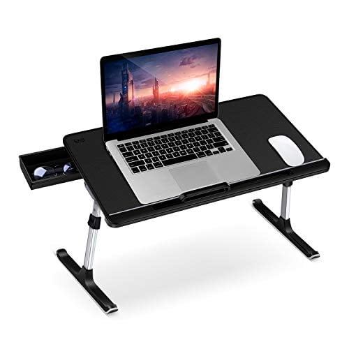 Laptop Bed Tray Desk, SAIJI Adjustable PVC Leather Computer Bed Table, Portable Standing Desk with Storage Drawer, Foldable Lap Tablet Desk for Sofa Couch Floor (Large,Black)