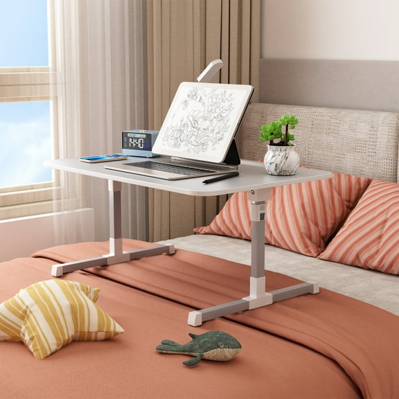 Laptop Bed Tray Table, Adjustable Laptop Bed Stand, Lap Desk with LED Light, Portable Standing Table with Foldable Legs, USB Charging, Folding Lap Tablet Table for Sofa Couch-Grey