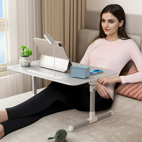 Laptop Bed Tray Table, Adjustable Laptop Bed Stand, Lap Desk with LED Light, Portable Standing Table with Foldable Legs, USB Charging, Folding Lap Tablet Table for Sofa Couch-Grey