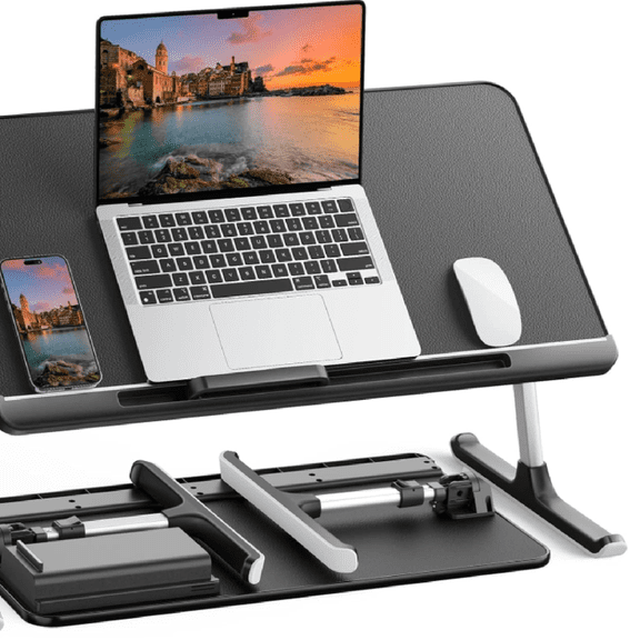 Laptop Bed Tray Table, Adjustable PVC Leather Laptop Bed Table, Portable Standing Desk with Storage Drawer, Foldable Lap Tablet Table for Sofa Couch Floor (Dark Black
