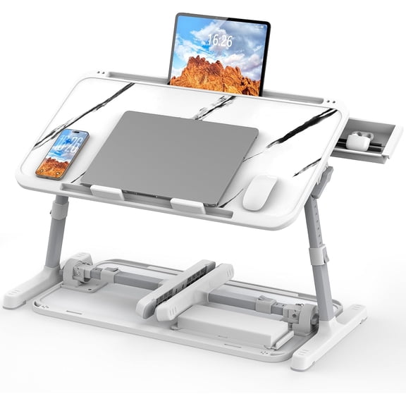 Laptop Bed Tray Table, Adjustable Sturdy Laptop Stand for Bed with Premium Materials, Folding Portable Lap Desk with Drawer for Writing Working Reading Eating Couch Floor (Marble, 22.04"12.2")