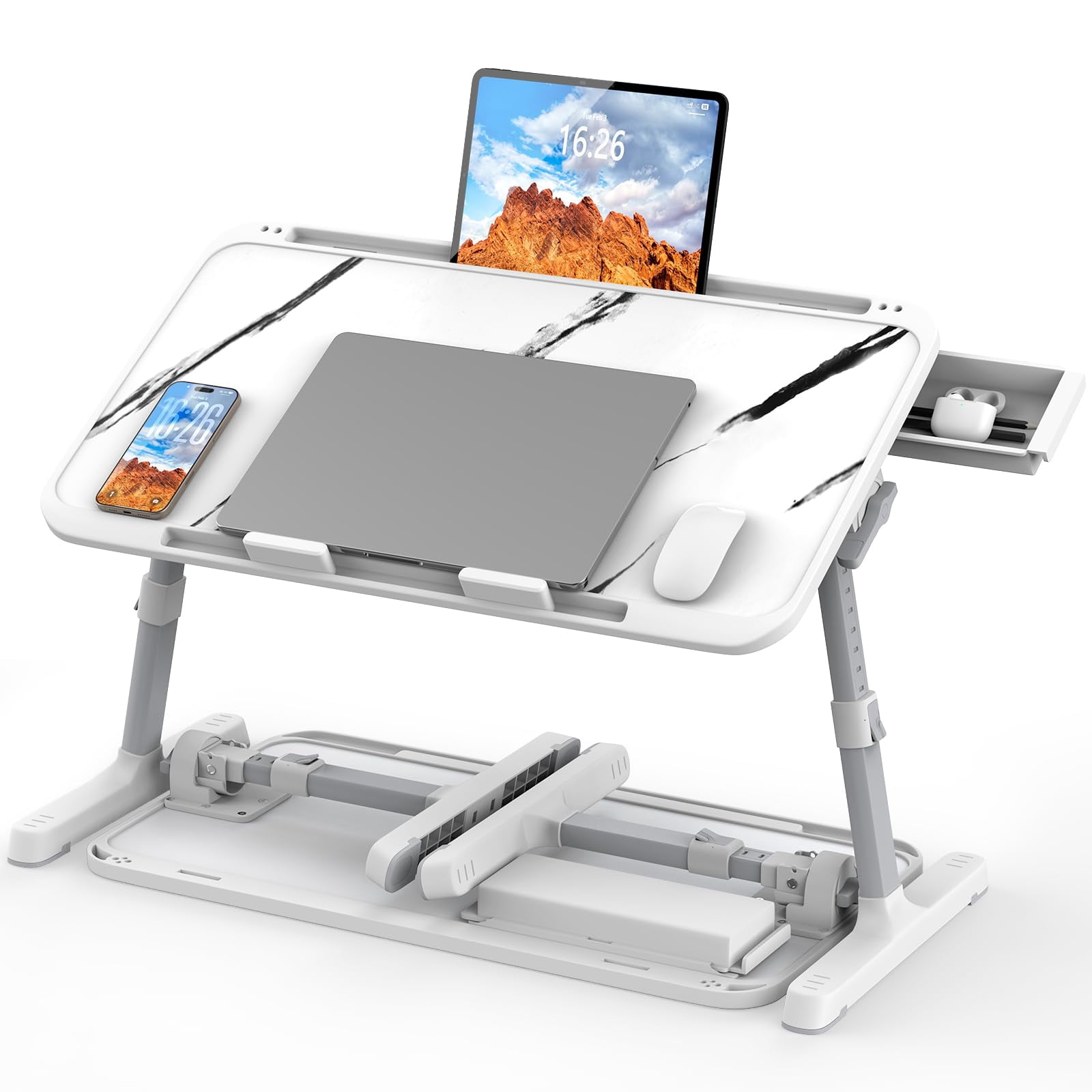 Laptop Bed Tray Table  Adjustable Sturdy Stand For With Materials Folding Portable Lap Desk Drawer Writing Working Reading Eating Couch Floor (marble 22.04"*12.2")