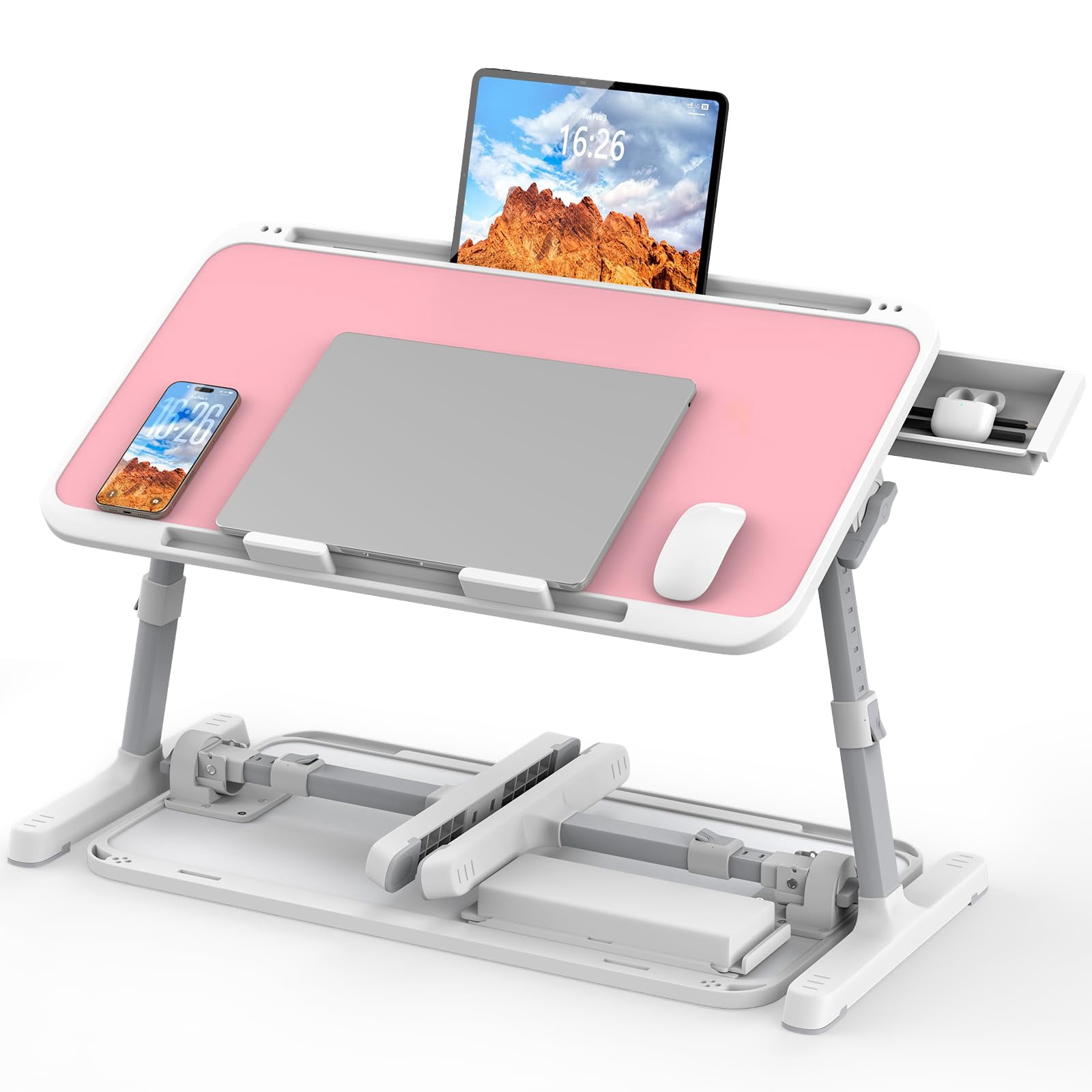Laptop Bed Tray Table  Adjustable Sturdy Stand For With Materials Folding Portable Lap Desk Drawer Writing Working Reading Eating Couch Floor (pink 22.04"*12.2")