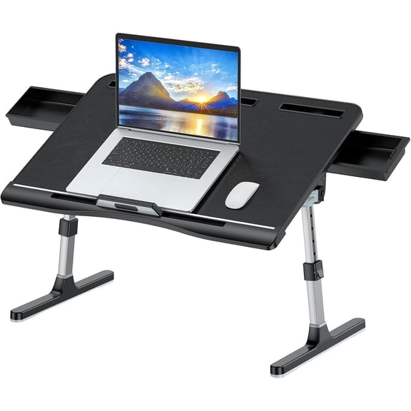 Laptop Bed Tray Table [Luxury PVC Leather], Adjustable Laptop Desk for Bed, Foldable Lap Desk for Laptop with 2 Drawers, Multifunctional Table for Working, Eating, Writing, Gaming, Drawing