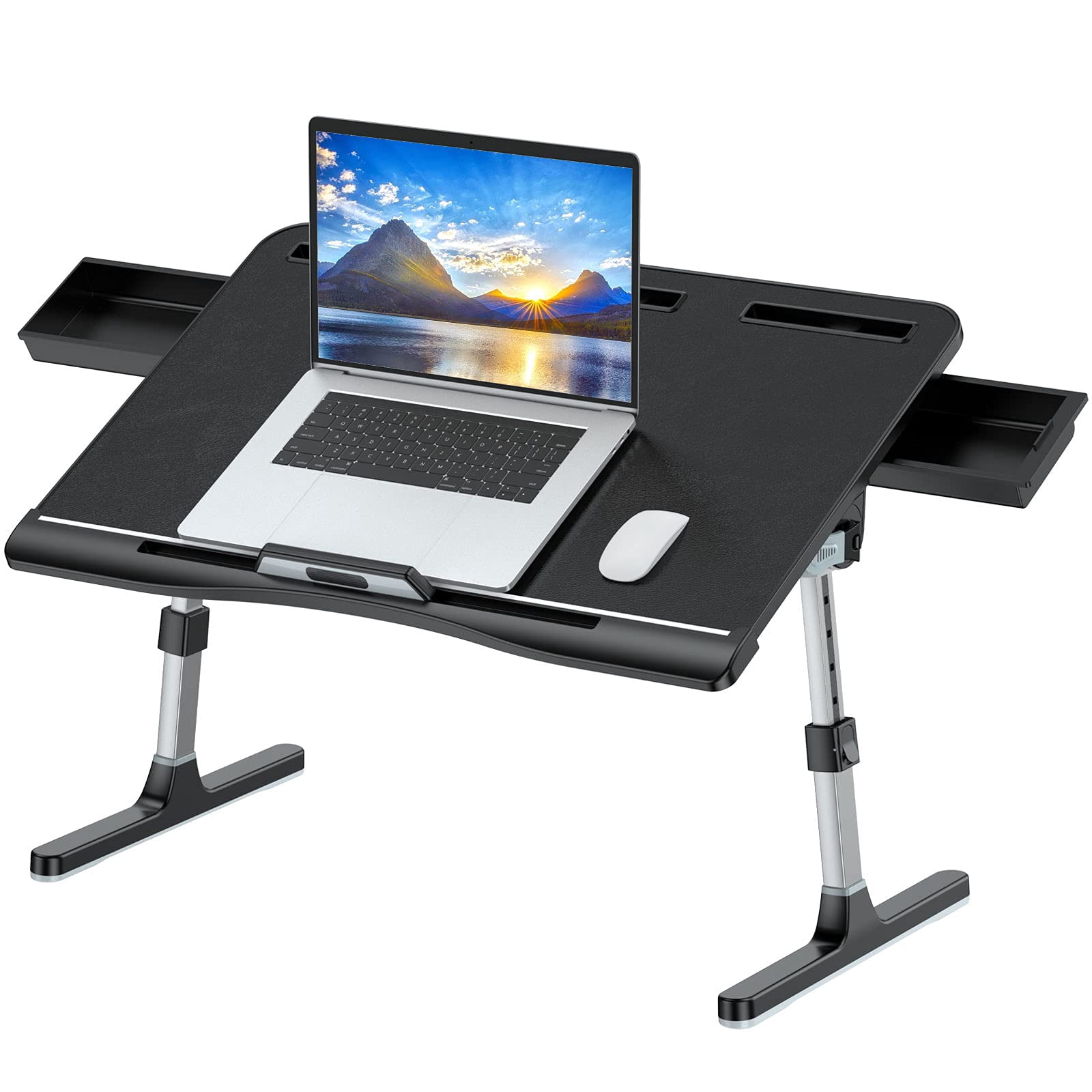Laptop Bed Tray Table [luxury Pvc Leather]  Adjustable Desk For Foldable Lap With 2 Drawers Multifunctional Working Eating Writing Gaming Drawing (black)