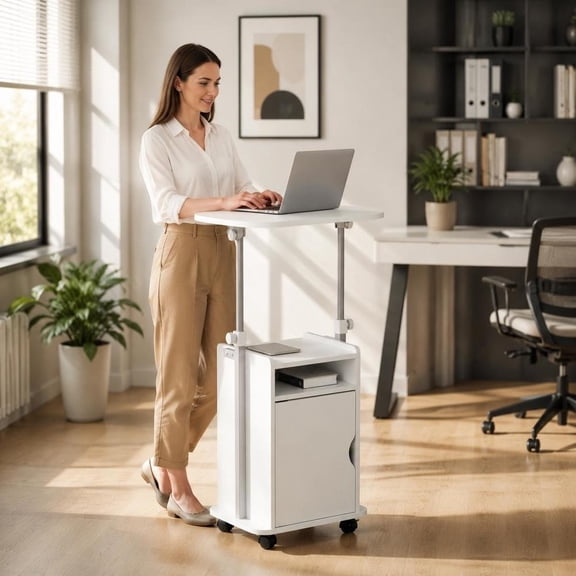 Laptop Cart, adjustable height with rolling wheels, built-in storage, mobile workstation, white