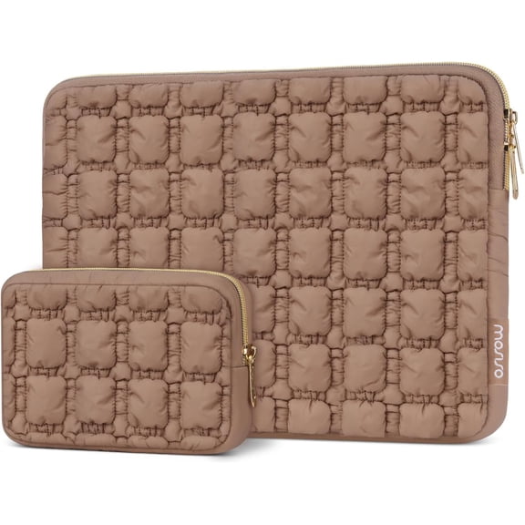 Laptop Case 13.3 inch, 13-14 inch Laptop Sleeve Compatible with MacBook Air 13 13.6/Pro 13/Pro 14, HP ASUS , Puffy Raised Quilted Grid Carrying Computer Bag with Small Case, Brown