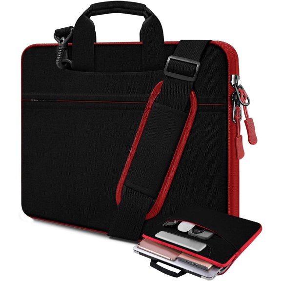 Laptop Case 15.6 inch Shoulder Bag, Durable Shockproof Protective Computer Carrying Briefcase with Multi-Pockets and Strap Compatible with Most 15.6 inch Notebooks,Black red