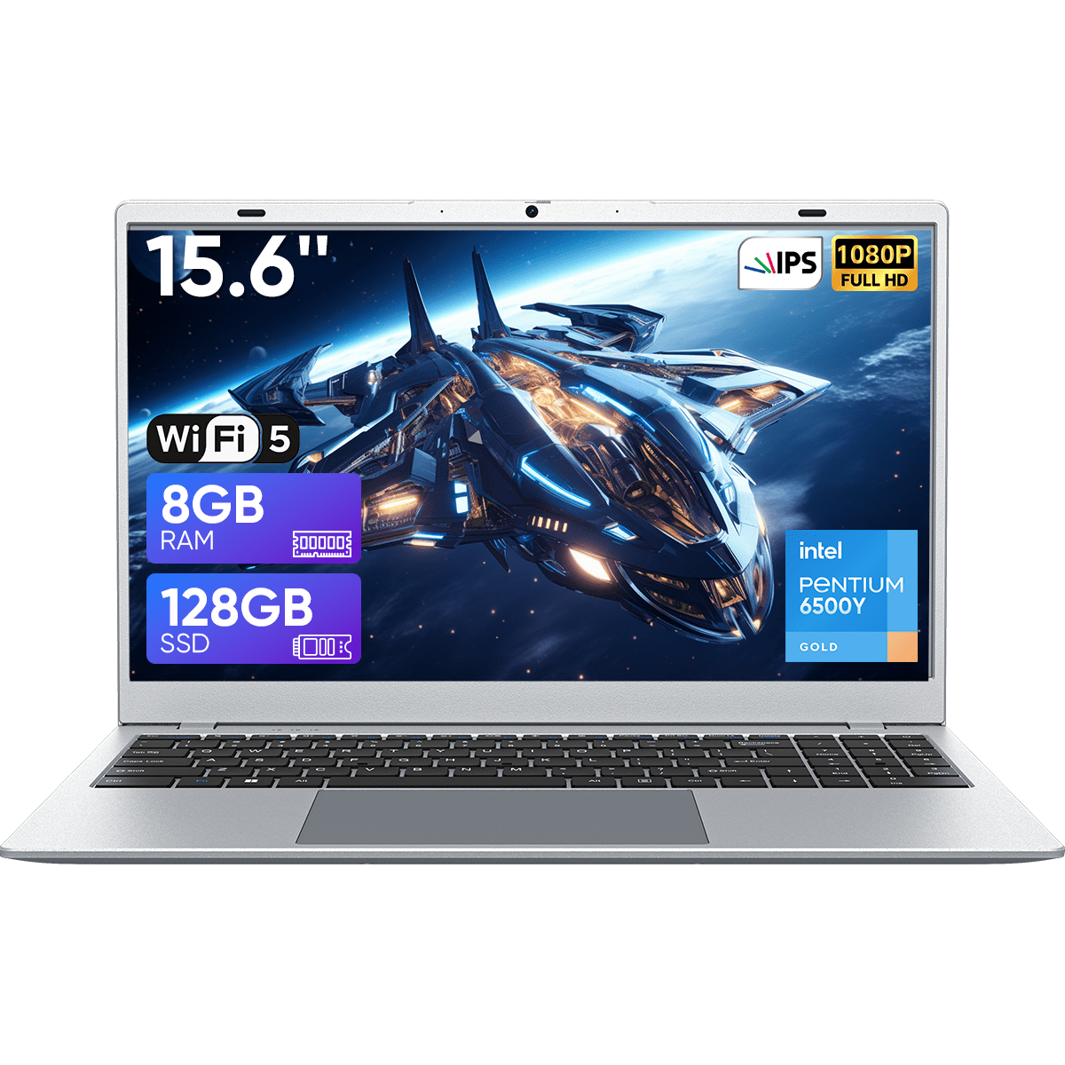 Laptop Computer 15.6" FHD 19201080, Intel 6500Y, 8GB RAM 128GB SSD, Privacy Camera Numeric Keyboard WiFi 5 Bluetooth 5 Silver Notebook for Home Office Everyday Tasks