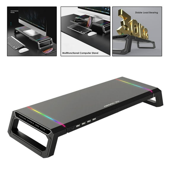 Laptop Computer Monitor Stand Riser Holder RGB 4 USB Hub Data Transfer Support Charging Black