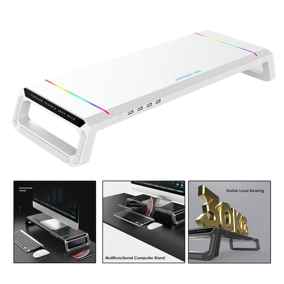Laptop Computer Monitor Stand Riser Holder RGB 4 USB Hub Data Transfer Support Charging White