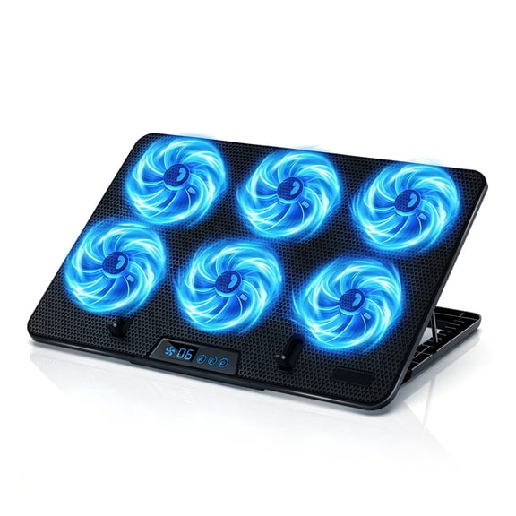Gopgoy Laptop Cooling Pad for Laptops, Laptop Cooler with 6 Quiet Cooling Fans for 12''-17.3'' Laptops, 6-Level Wind Speed with LCD Display, Height Adjustable Laptop Cooling Stand, 2 USB Ports, Black