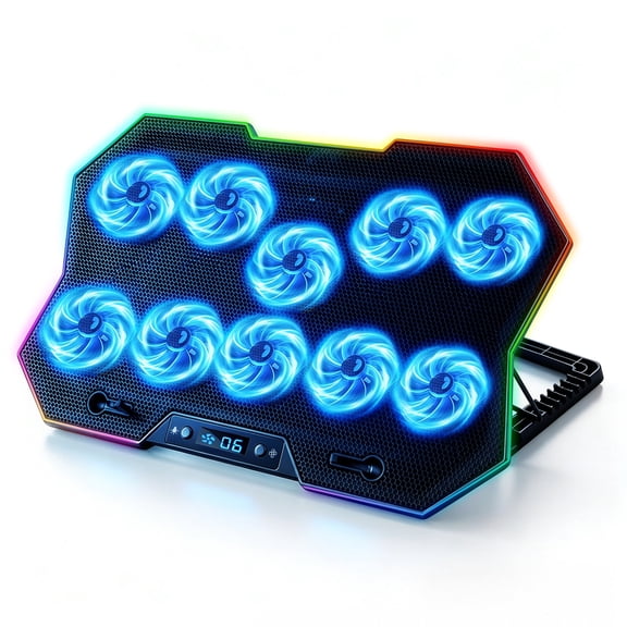 Gopgoy Laptop Cooling Pad for Laptops, Laptop Cooler with 10 Quiet Cooling Fans for 12''-17.3'' Laptops, RGB, 6-Level Wind Speed, LCD Display, Height Adjustable Laptop Cooling Stand, Black