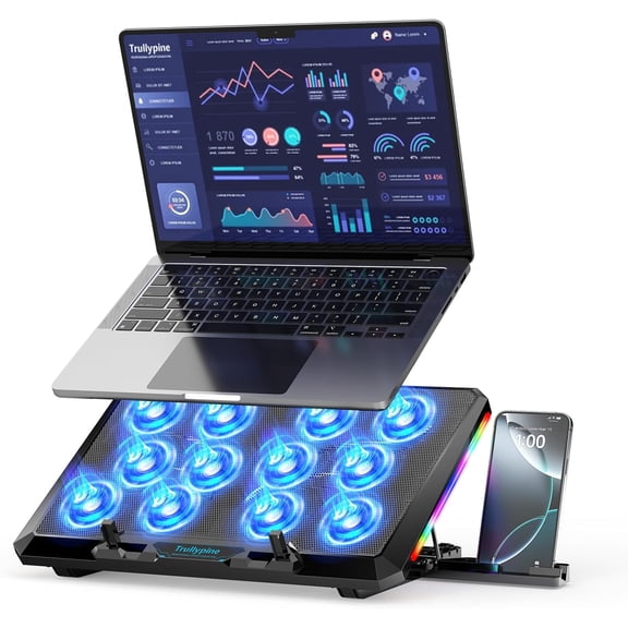 Laptop Cooling Pad with 12 Quiet Fans, Slim Portable for 12-17.3 Inch Cooler Stand 5 Height Adjustable, Ergonomic Gaming Fan Two USB Ports & Phone Holder (Gear)