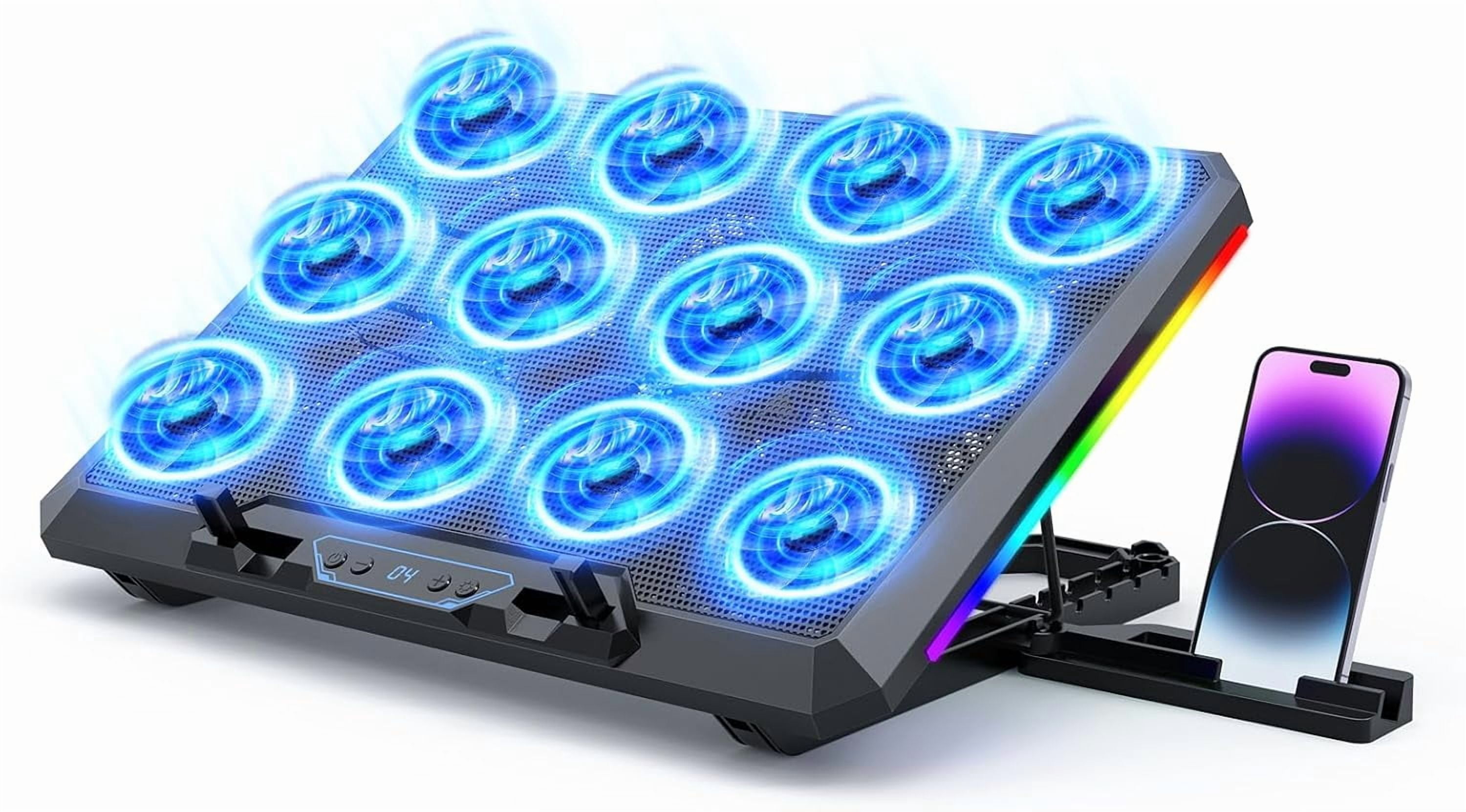 Laptop Cooling Pad with 12 Quiet Fans, Slim Portable for 12-17.3 Inch Cooler Stand, RGB Lighting, 5 Height Adjustable, Gaming Fan Pad, Two USB Ports Holder (LCD)