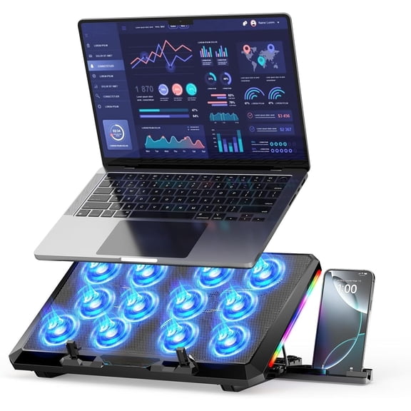 Laptop Cooling Pad with 12 Quiet Fans, Slim Portable for 12-17.3 Inch Laptop Cooler Stand with 5 Height Adjustable,  Gaming Cooling Fan Pad with Two USB Ports & Phone Holder (Gear)