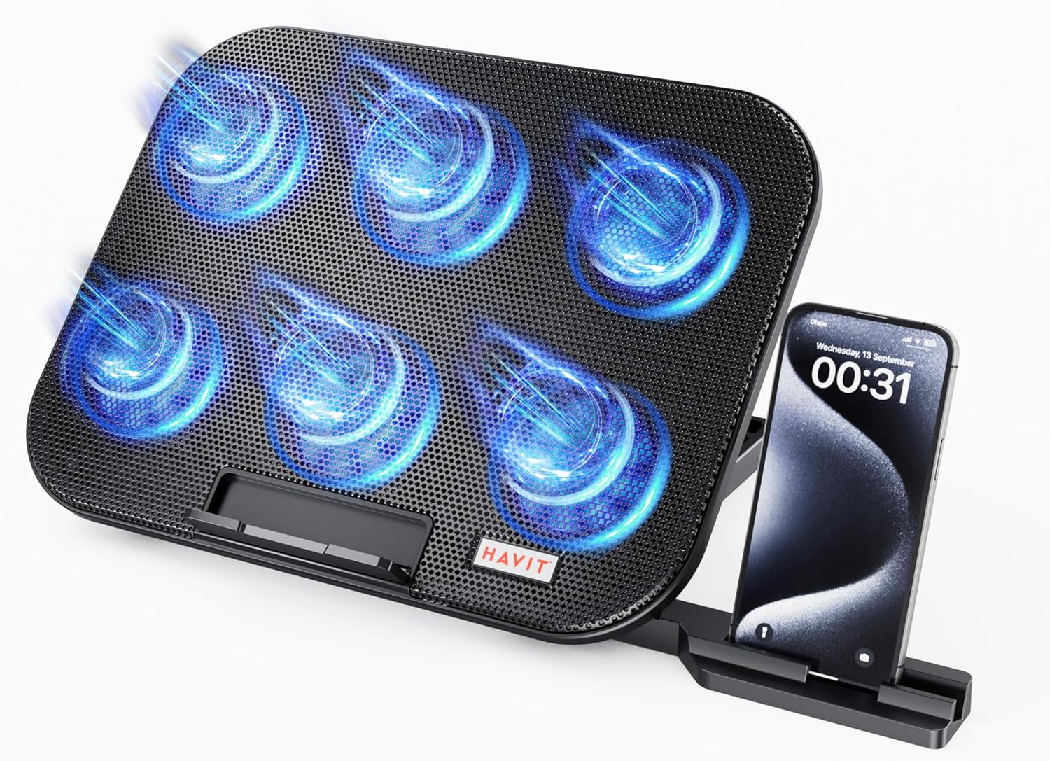 Laptop Cooling Pad with 6 Quiet Fans and Adjustable Heights for 12-14.1 Inch Laptops, Dual USB Ports, Phone Holder, Efficient Cooling Stand for Heat Dissipation