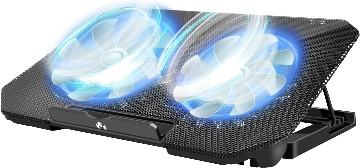 Laptop Cooling Pad, Cooler Pad Chill Mat 2 Quiet Fans LED Lights and USB Ports 5 Height & with Adjustable Speed Mounts Metal Mesh Design, for 9"-17" Laptops（Black）
