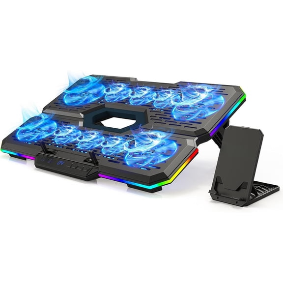 Laptop Cooling Pad, Gaming Laptop Cooler with 10 Quiet Fans, Height Adjustable Laptop Cooling Stand for 12"-17" Laptops, RGB Lights with Laptop Fan with 2 USB Port and Phone Stand