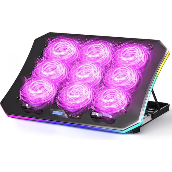 Laptop Cooling Pad, Gaming Laptop Fan Cooling Pad with 9 Quiet Fans, RGB Laptop Cooler for 15.6-17.3 Inch, Cooling Pad for Laptop with 7 Height Stands, 2 USB Ports, Phone Stand-Purple