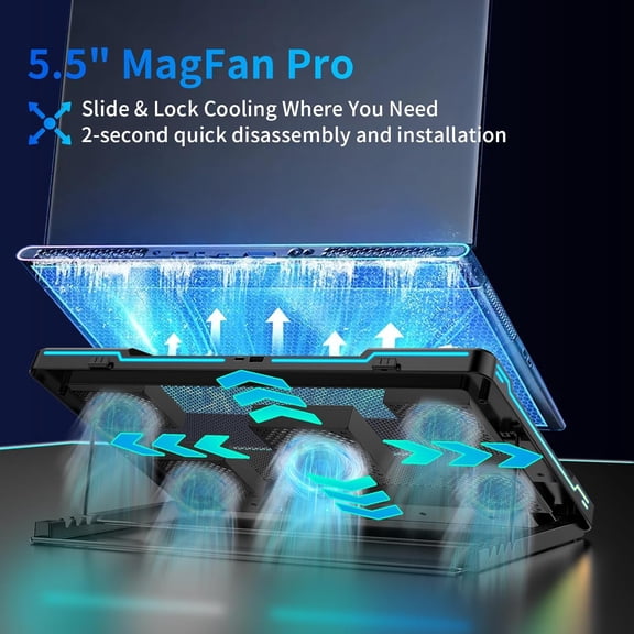 Laptop Cooling Pad, Laptop Cooler Stand with 5.5" Movable Fan Easy to Clean, 10 RGB Light Modes, Auto Temp Sensor & 3-Speed Manual Control, Ultra Quiet 40dB for 1417.3 Inch Laptops