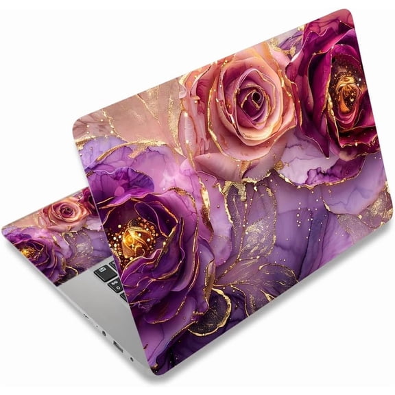 Laptop Decal Sticker Skin Cover, 12" 13.1" 13.3" 14" 15" 15.4" 15.6" Laptop Netbook Vinyl Art Skin Sticker Cover Notebook PC Protector (2 Wrist Pad Included), Removable Reusable, Marble Flowers