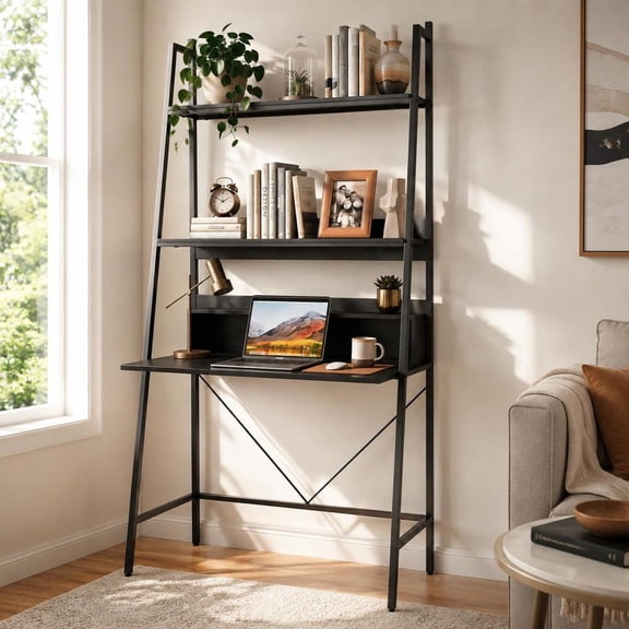 Laptop Desk, 71 Inch Freestanding, Metal Frame, Open Shelves, Wall Attachment, Black