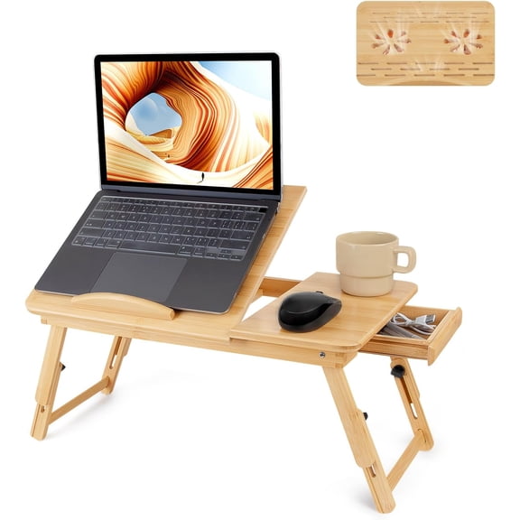 Laptop Desk, Adjustable Foldable Bed Tray Table for Bed, Sofa, and Floor, Portable Lap Desk with Tilting & Drawer for Writing, Reading, Breakfast, Drawing, and Working