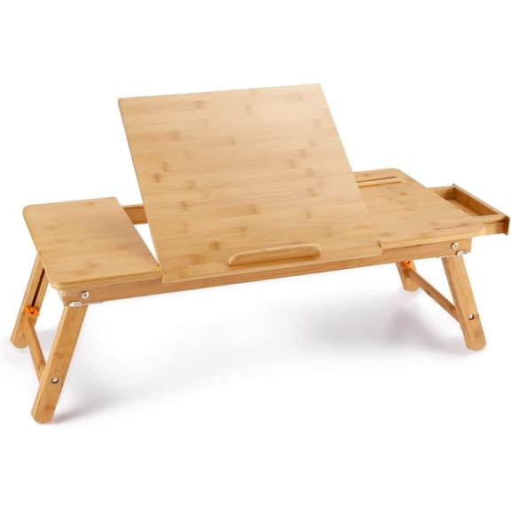 Bamboo Laptop Table Adjustable Lap Tray Bed Serving Tray Breakfast Table Foldable Coffee Tea Table 7 Tilting Top Angles 4 Latches Large Size 27.95" x 13.8"